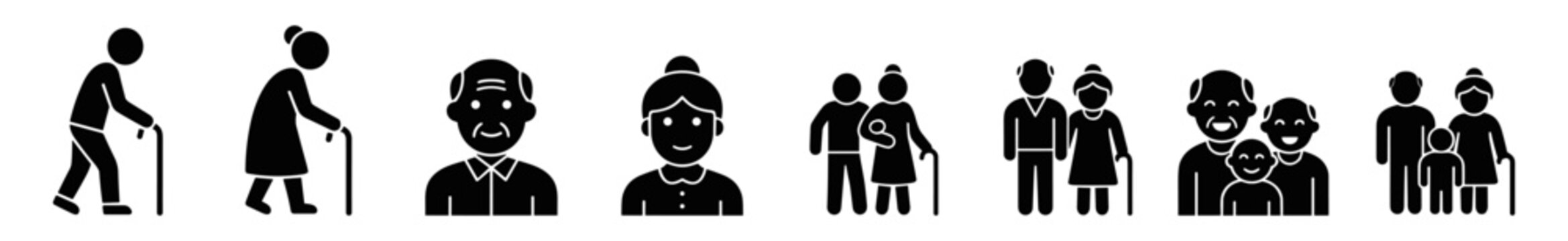 Set of elder care and family icons in silhouette style representing aging, grandparents, and multigenerational support on transparent background