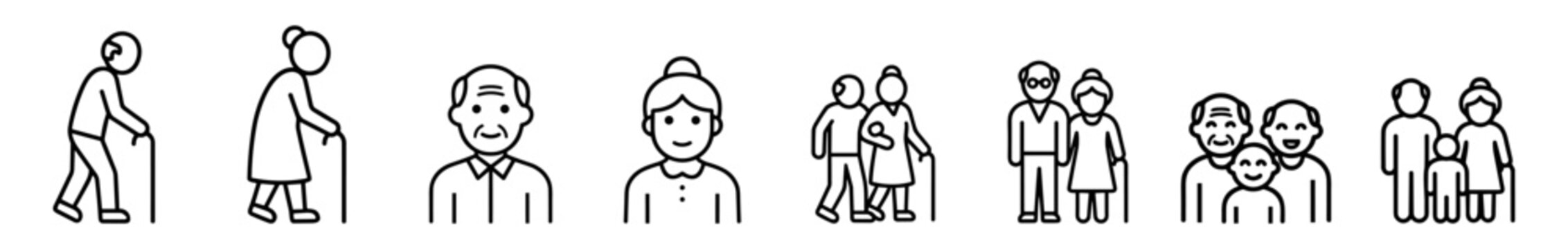 Set of line icons showing elderly people, seniors with walking sticks, and family generations in simple black outline style on transparent background