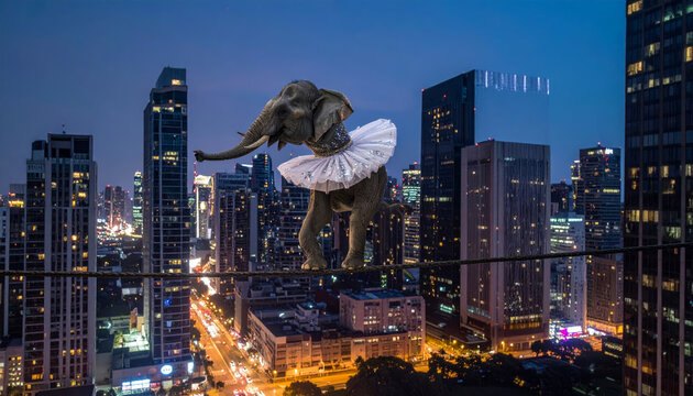 An elephant wearing a white tutu performs a graceful pirouette on a tightrope high above a city at twilight, showcasing incredible balance and theatrical spectacle.