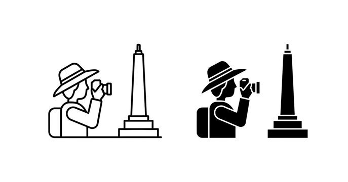 Tourist Photographer Icon Set, Landmark Monument Capture, Travel Photography Vector Graphics
