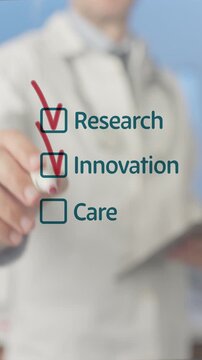 Medical professional in a lab coat using a digital pen to check off a list with the words research, innovation, and care, representing the core values and priorities of modern healthcare