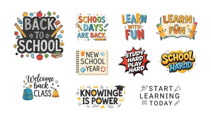 Obraz premium Back to School Collection: A vibrant compilation of graphic elements and text designs celebrating the start of a new school year, encouraging learning and academic success.