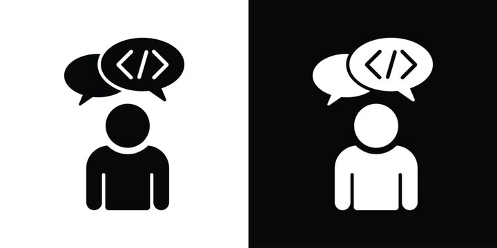 Person with coding speech bubble icon. Software developer or programmer communication vector illustration isolated on black and white.