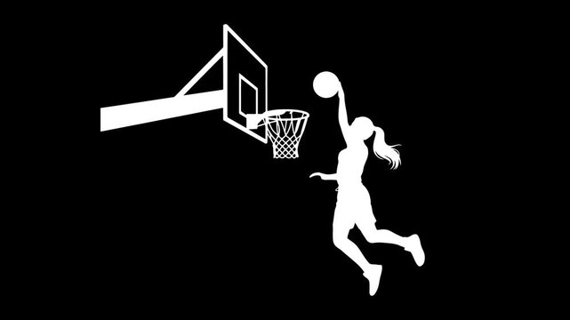 Female basketball player jumps high to perform a powerful slam dunk into the hoop in this smooth cinematic motion sequence showcasing athletic skill and intense competition in a professional sports 