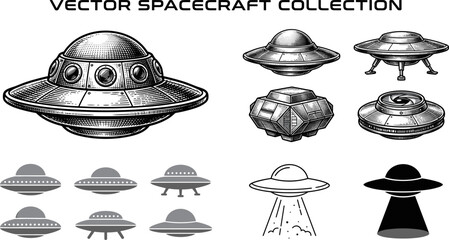 Vintage Engraving Style UFO Spacecraft and Flying Saucer Collection in Black and Gray Vector Illustration Set © Shakhawat