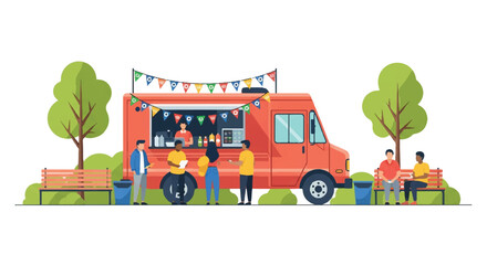 Fototapeta premium A modern food truck decorated with soccer pennants in a public park, diverse customers waiting in line, trees and park benches in the background, minimalist flat vector artwork, clipart style,