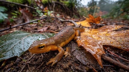 Fototapeta premium Close-Up of Salamander on Leafy Ground