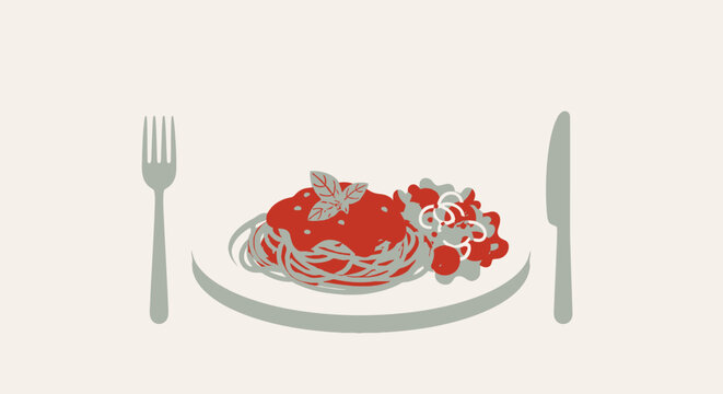 Pasta dish illustration plate with spaghetti tomatoes and basil vector