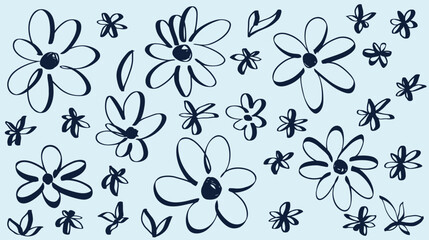 Simple nature floral vector background with hand drawn daisy flowers. Line art contour drawing for textile, fabric, wrapping paper, and surface pattern design. © Anatoliy