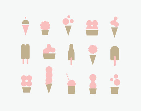 Sweet ice cream different styles and shapes modern icons set drawing with khaki and pink on beige background