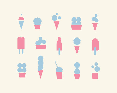 Sweet ice cream different styles and shapes modern icons set drawing with pink and blue on beige background