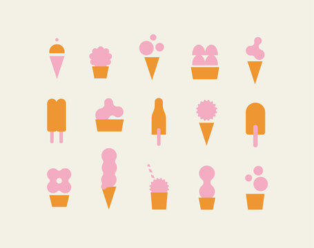 Sweet ice cream different styles and shapes modern icons set drawing with orange and pink on beige background