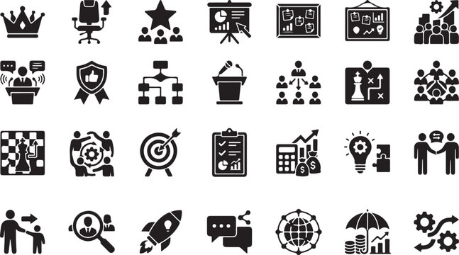 Set of black business and management icons for corporate leadership and office strategy Vector