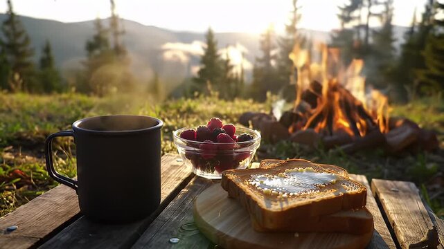 Cozy outdoor campsite breakfast setup with toasted bread by a crackling fire