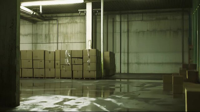 Industrial warehouse flooded with standing water across the concrete floor, reflecting dirty walls, stacked cardboard boxes and pallets in a neglected, damaged storage space