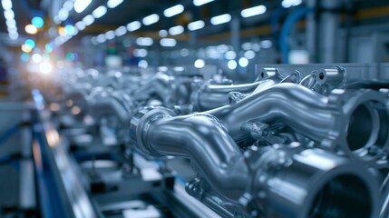 Fototapeta premium Medium shot showcasing aluminum exhaust manifolds on automated assembly line highlighting lightweight construction and smooth surface finishing.