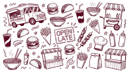 Street Food Market Elements Doodles Sets Packs, Editable Vector Strokes Illustrations. containing  food, doodle, sketch, illustration, fast, burger, taco, street, cart and more Street Food Doodles © MasterTech