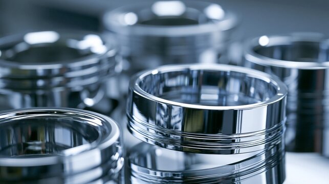 Medium shot focusing on the chrome plating application on piston rings highlighting the smooth reflective finish for increased hardness and reduced friction.