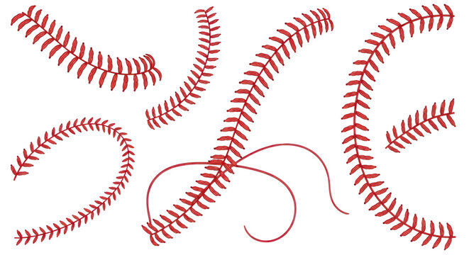 Baseball Stitching Elements - Isolated Red Seams and Thread on White Background