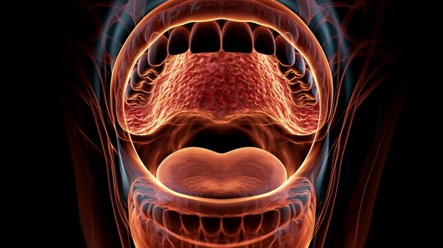 Focused medium frame 3D illustration of an open mouth revealing crisp glossitis inflammation taste buds and irritated tissues textured with glowing rim light and semitransparent