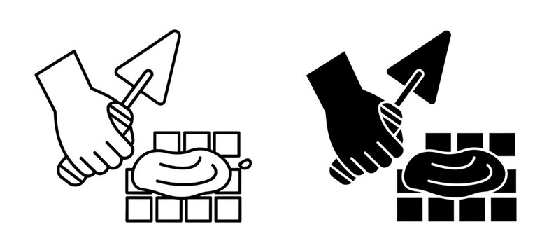 Tiling icons, trowel spreading mortar on grid, construction and renovation symbols