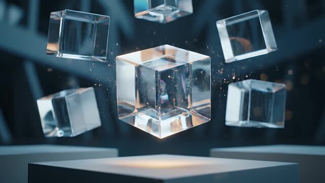 Floating glass cubes hovering over a pedestal with glowing particles in a dark studio