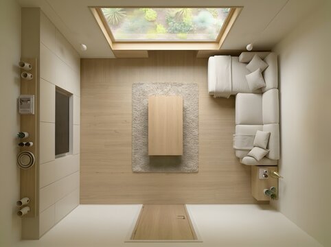 Modern living room with skylight and minimalist furniture, seen from above