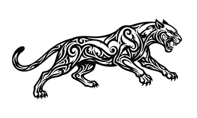 Obraz premium Black and white tribal panther tattoo design, aggressive wildcat silhouette with abstract swirl patterns, isolated vector art for graphic design
