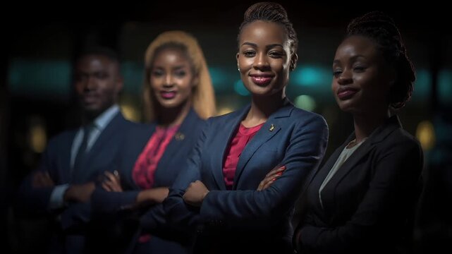 Female diversity. Human rights, equal opportunity concept. A professional portrait of four individuals, likely business professionals, set against a dimly lit background with bokeh effect.