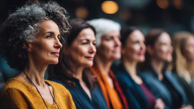 Female diversity. Human rights, equal opportunity concept. A closeup portrait of a group of women, captured in a candid moment. The main subject is a woman with curly gray hair.