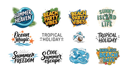 Summer Vacation Vibes Collection: A vibrant compilation of hand-drawn, stylized graphics and typography celebrating the spirit of summer, featuring themes of beach parties, tropical holidays. © Rahimatul