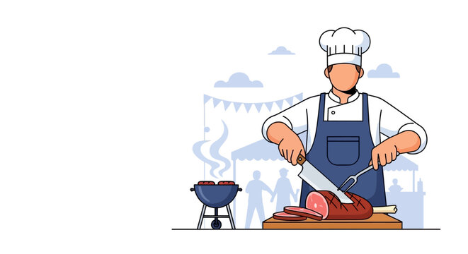 Professional Chef Slicing Grilled Meat at Outdoor BBQ Festival