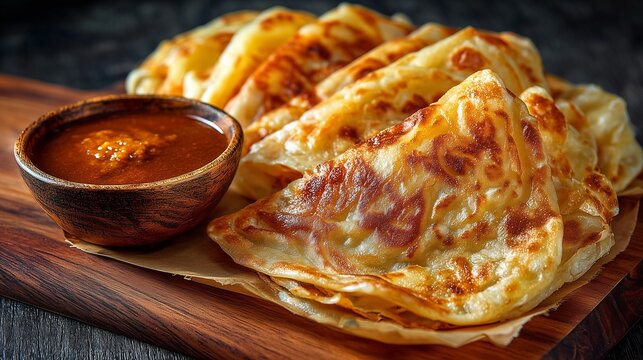Authentic Roti Canai Flatbread With Spicy Dipping Sauce For Traditional Malaysian Breakfast, Street Food, Asian Cuisine