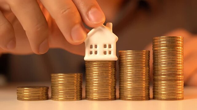 house on coin stacks representing real estate investment and mortgage savings growth