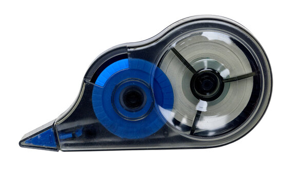 A side view of a semi-transparent correction tape dispenser with blue and white internal reels, isolated on a solid black background
