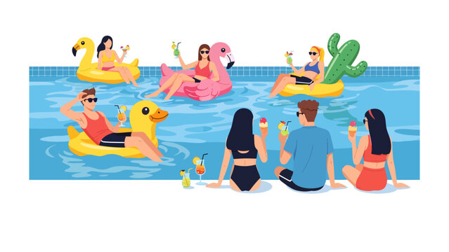 Pool Party Bliss: A vibrant summer scene unfolds as a group of friends enjoys a leisurely pool party, lounging on inflatable toys and sipping refreshing drinks.
