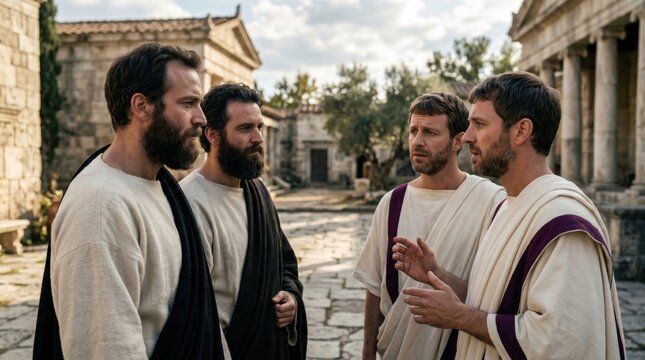 Four men in historic Roman robes talking in stone courtyard. Apostle Paul and Silas sharing biblical message with local citizens. Ancient religious scene, faith and evangelism.