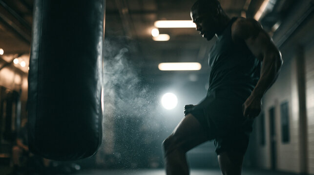 Focused athlete practicing kicks with punching bag in dramatic gym setting with combat sports and fitness training concept