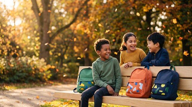 Group of three school children laughing on park bench in autumn