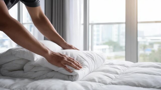 Morning sunlight streams through large windows as a person neatly folds a white comforter on a freshly made bed. The serene bedroom scene evokes calm and cleanliness