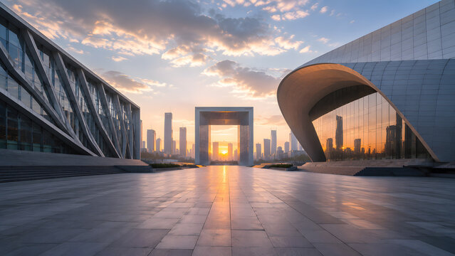 Modern architectural plaza with skyscrapers at sunset and dramatic clouds