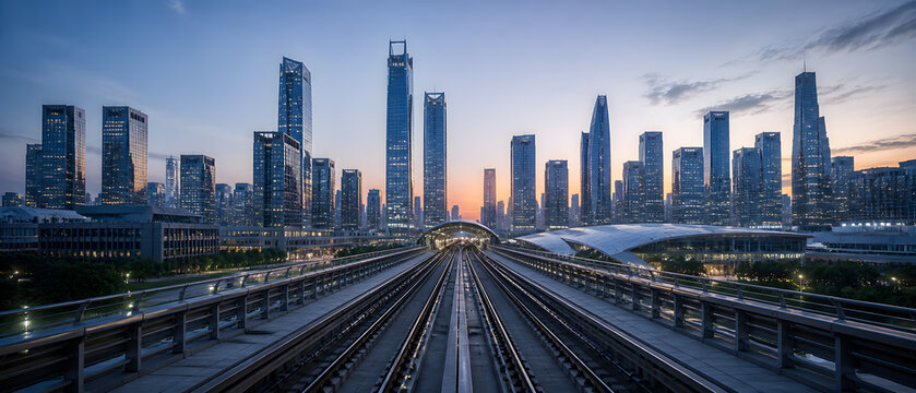 Modern cityscape with elevated train tracks leading towards illuminated skyscrapers at dusk