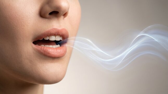 Human mouth with abstract sound waves for voice synthesis concept