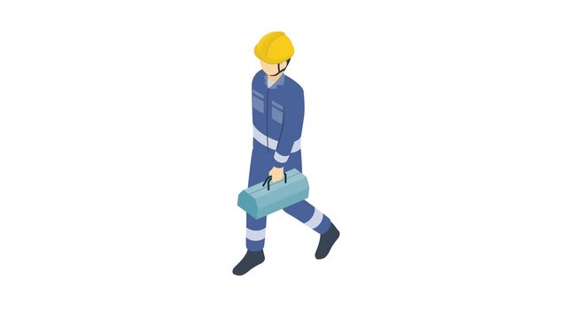 アイソメトリックイラストアニメーション：工具箱を持って歩くヘルメットを被った作業員