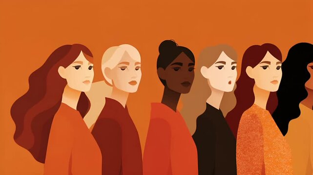 Female diversity. Human rights, equal opportunity concept. A stylized illustration depicts a group of women in a row, each with a distinct hairstyle and color palette. The background is a solid.