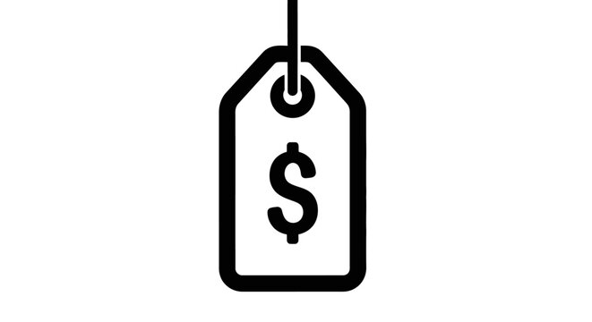 Black and white price tag icon with dollar sign on white background