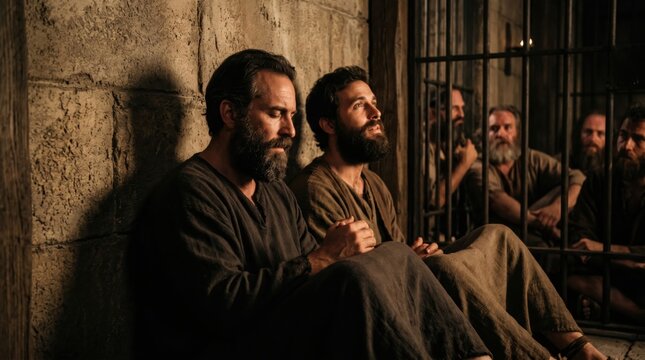 Apostle Paul and Silas praying inside a dark stone prison cell. Biblical scene depicting two men sitting in chains, focusing on faith, hope, and worship amidst religious persecution.