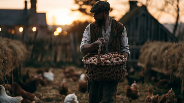 Farmer carrying basket of eggs among free-range chickens at golden sunrise on a rustic countryside farm. Egg farming and agriculture concept.