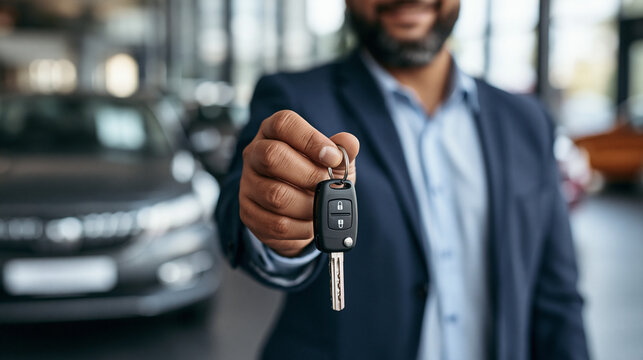 Salesman Handing Over car key at dealership with automobile purchase, financing, and ownership success concept