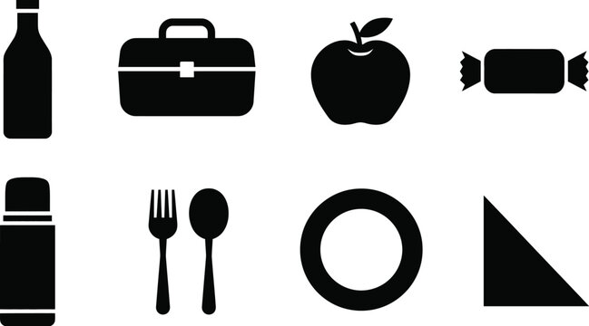 Picnic and school lunch box food icons set in flat black style